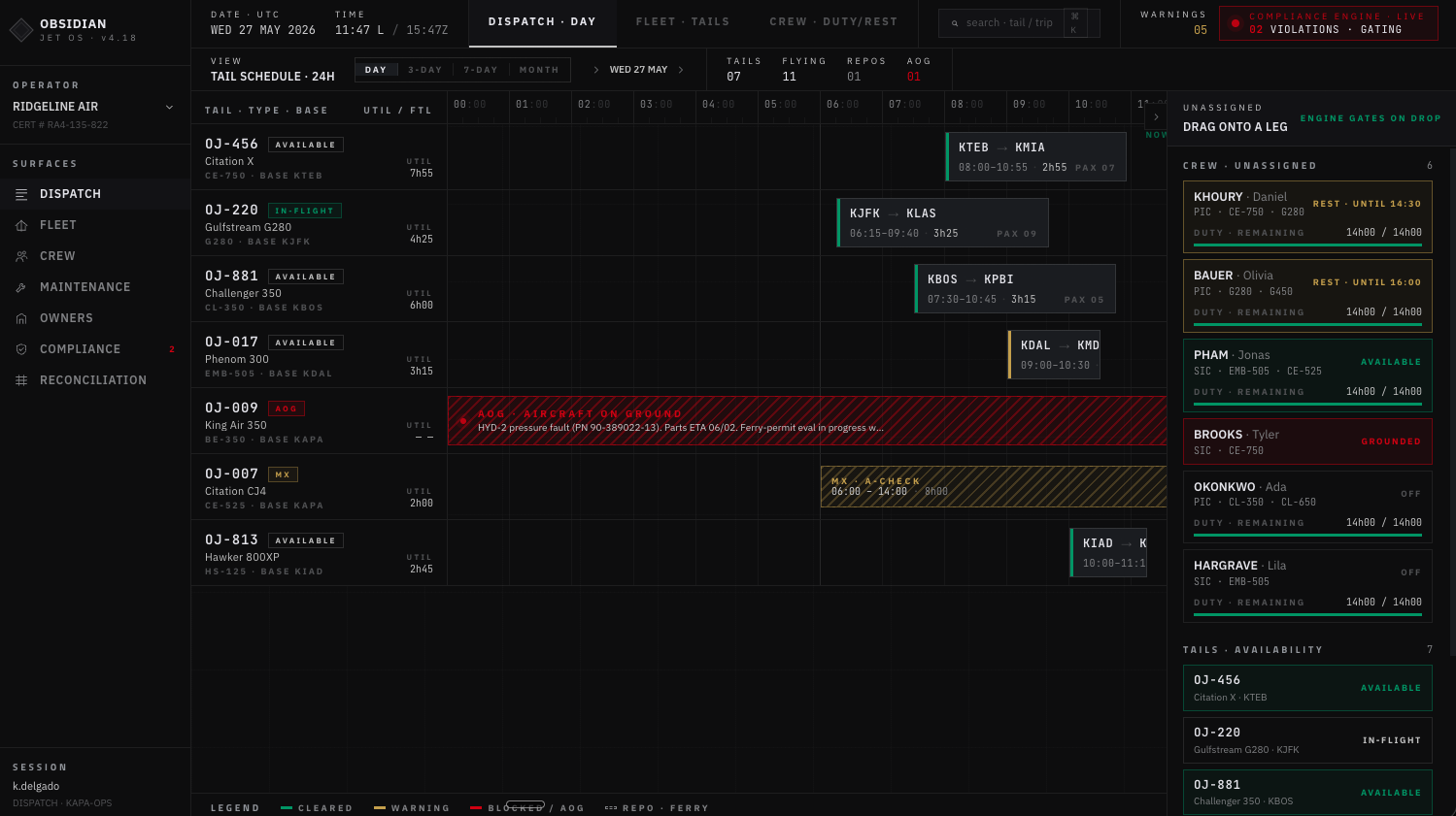 Obsidian Jet OS operator console — dispatch board