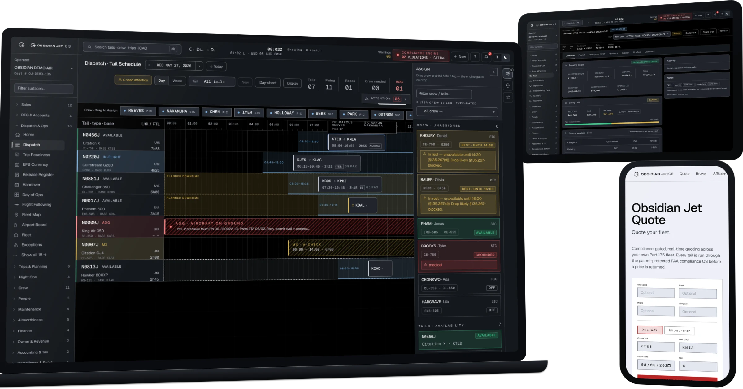 Obsidian Jet OS on a laptop, tablet and phone: the dispatch tail schedule, a trip workspace, and the compliance-gated quote form.